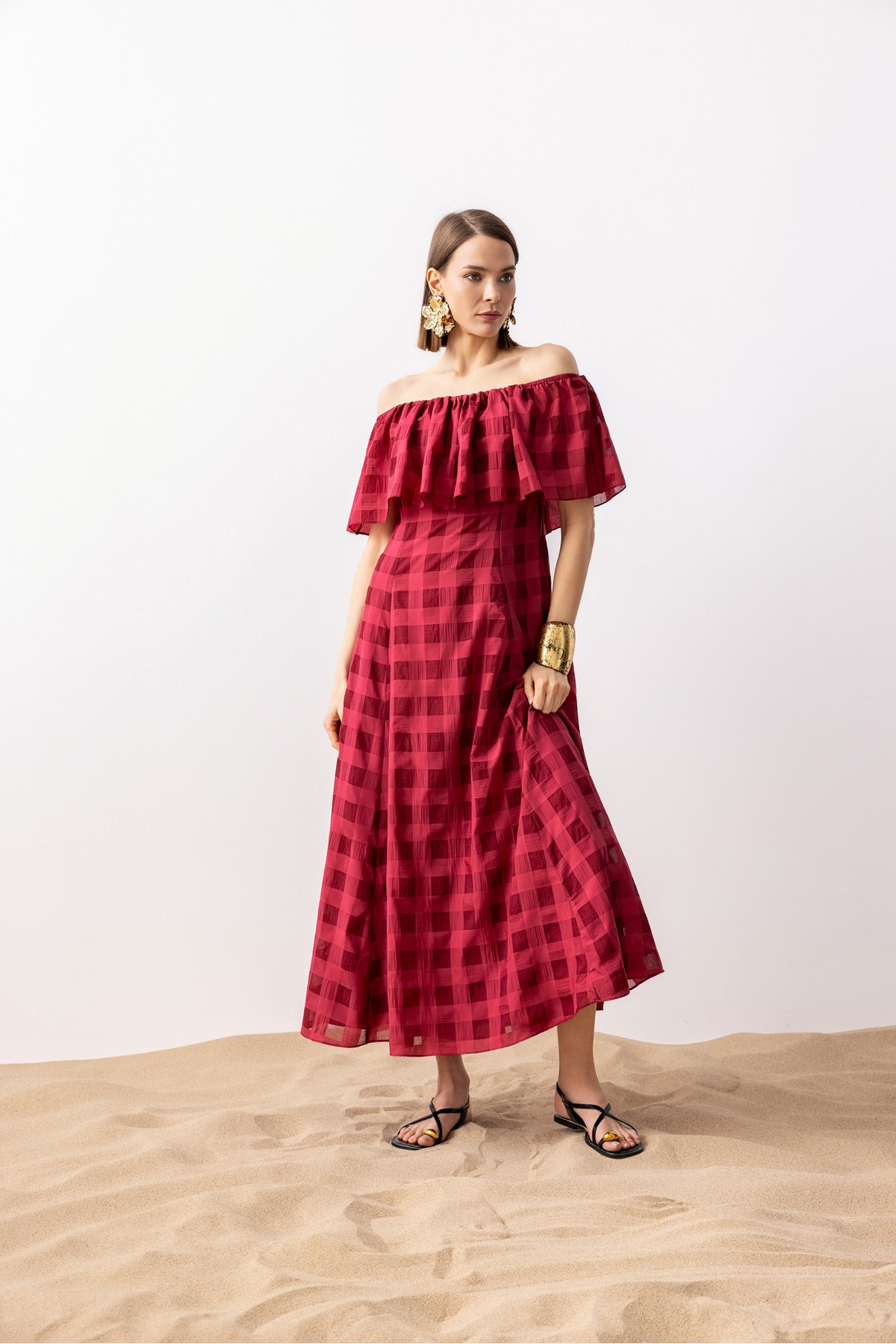 Ekose Uzun Elbise Bordo