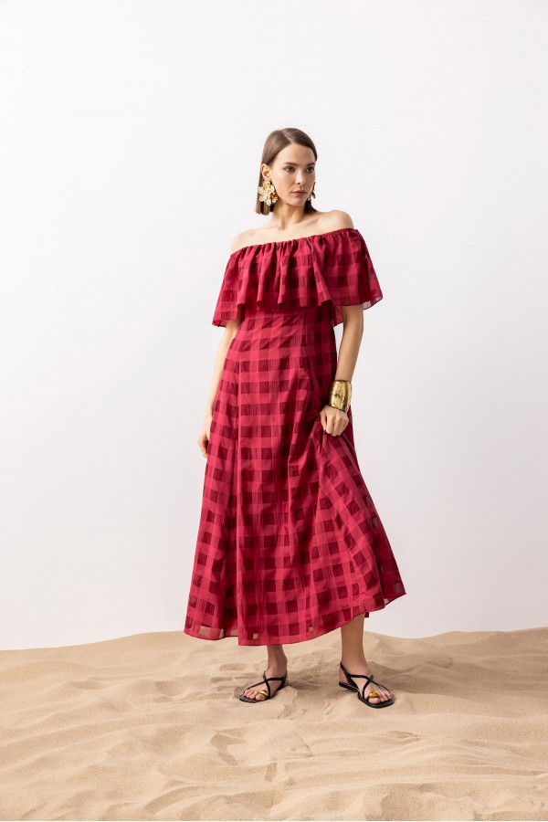 Ekose Uzun Elbise Bordo