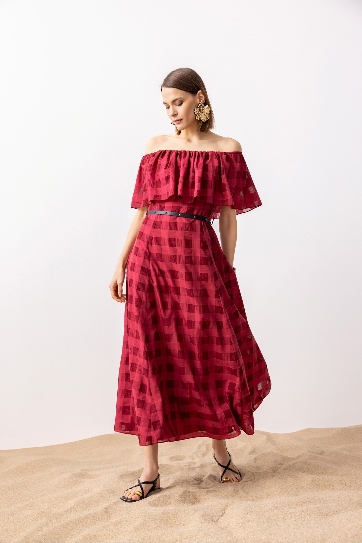 Ekose Uzun Elbise Bordo