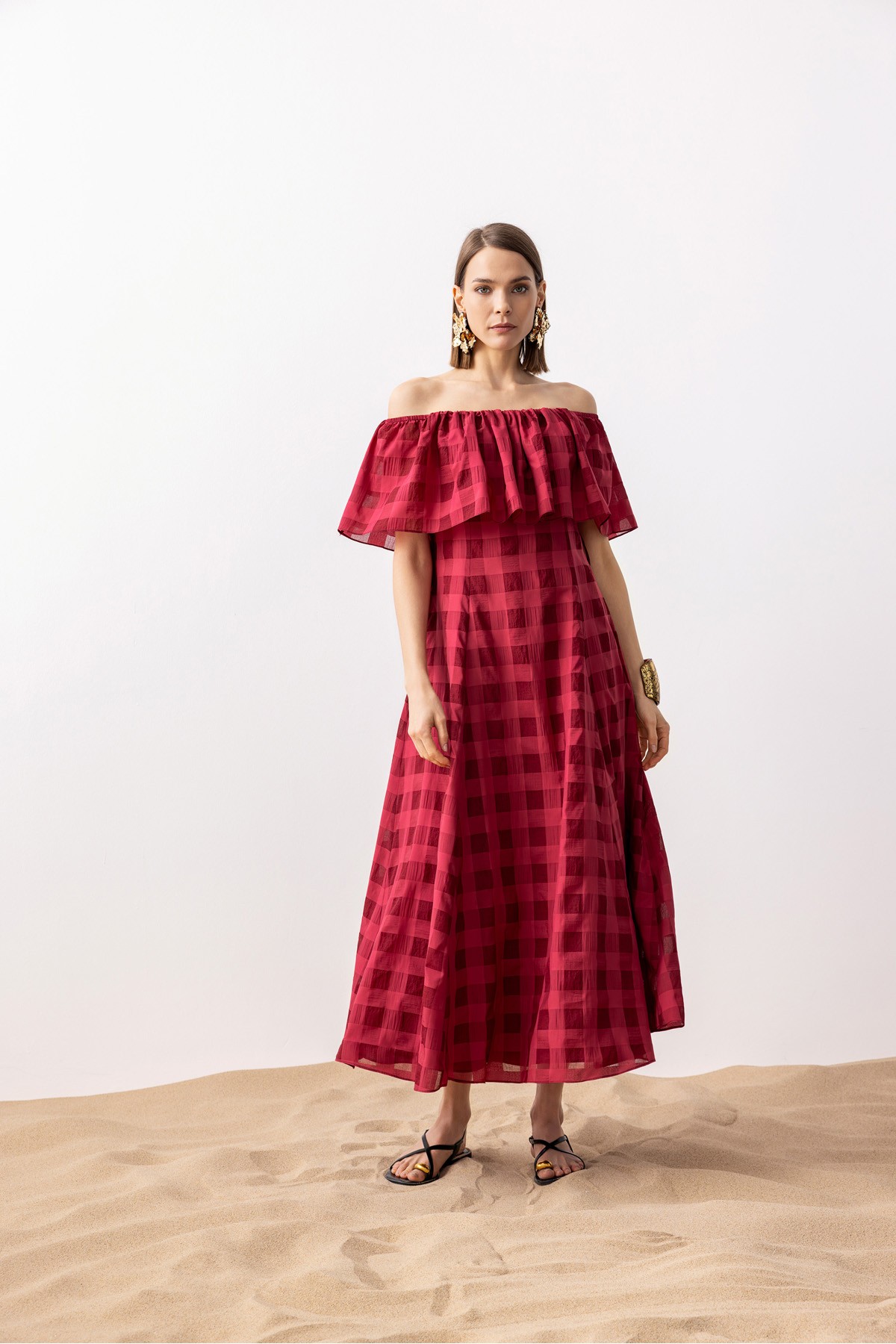 Ekose Uzun Elbise Bordo