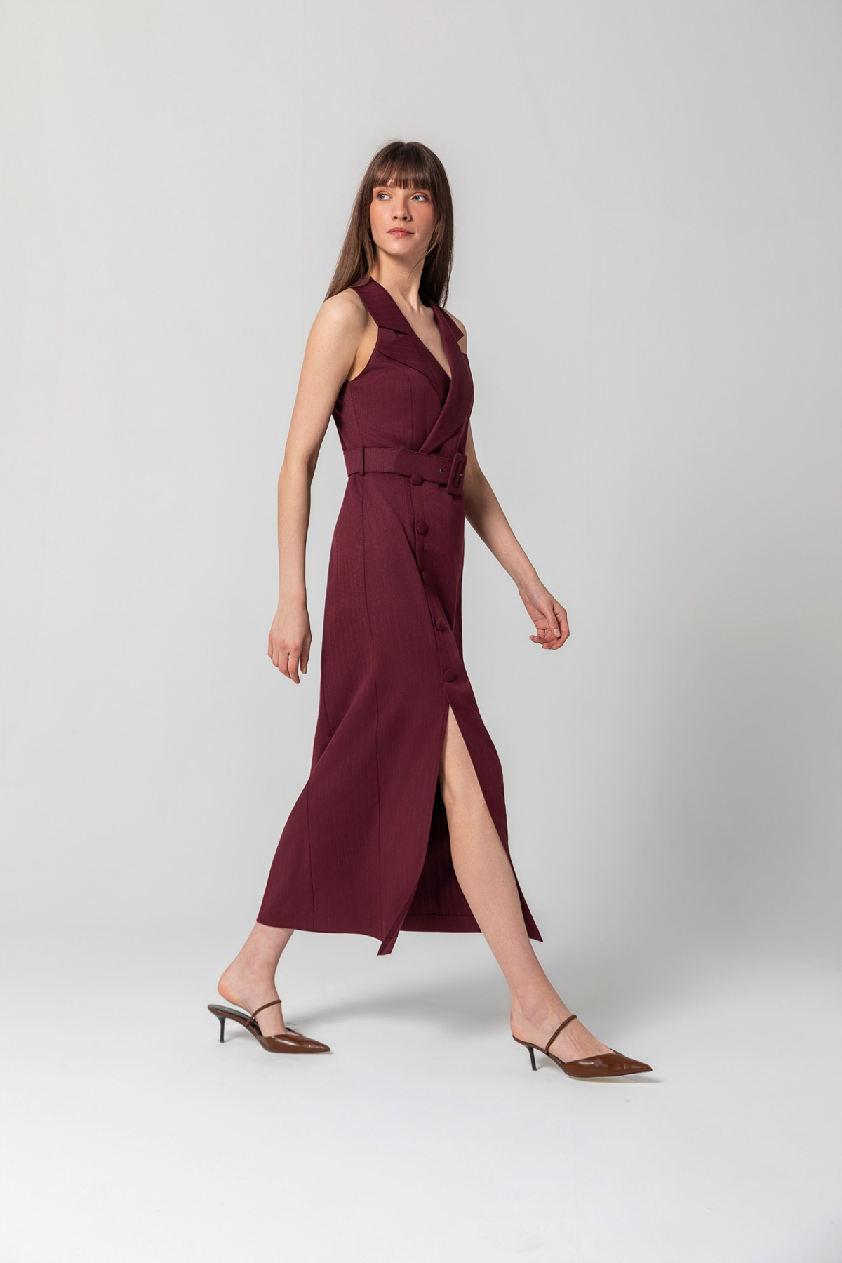 Çizgili Halter Yaka Elbise Bordo