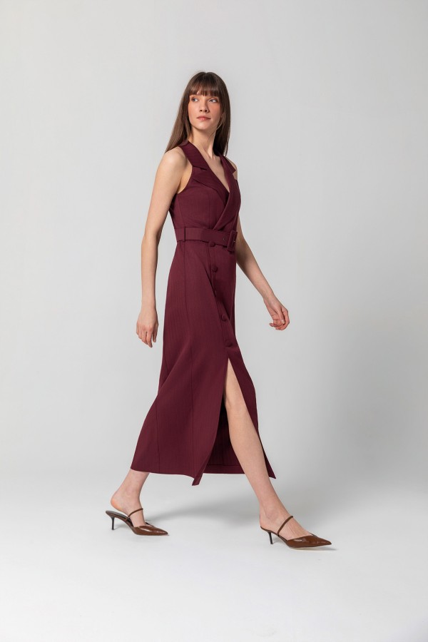 Çizgili Halter Yaka Elbise Bordo