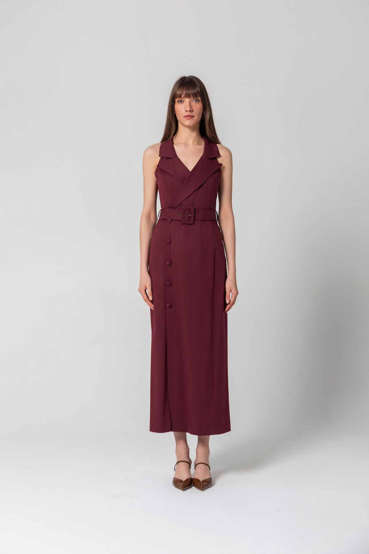 Çizgili Halter Yaka Elbise Bordo