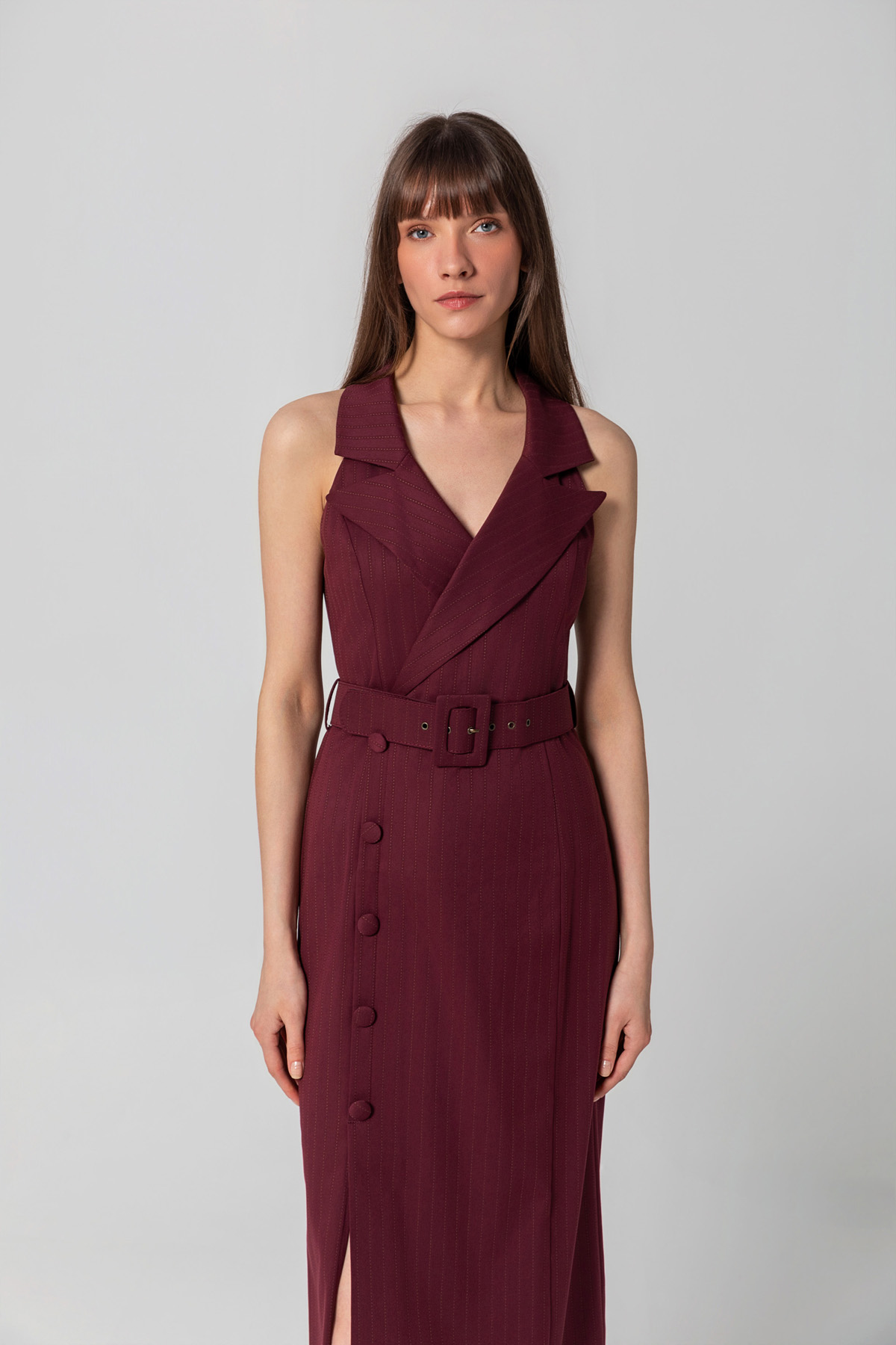 Çizgili Halter Yaka Elbise Bordo