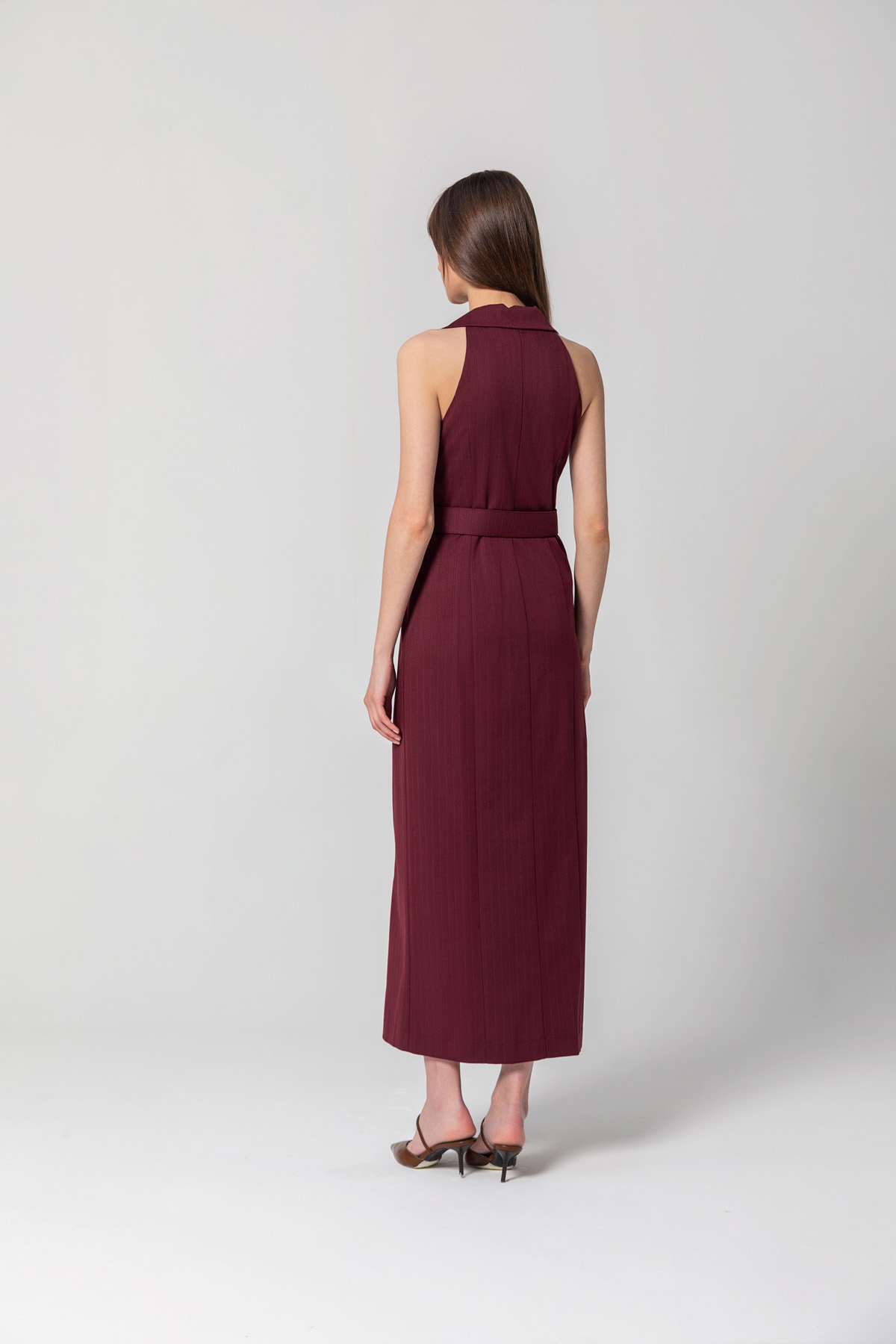 Çizgili Halter Yaka Elbise Bordo