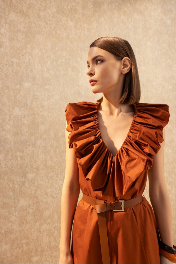 Farbalalı Poplin Elbise Ki̇remi̇t