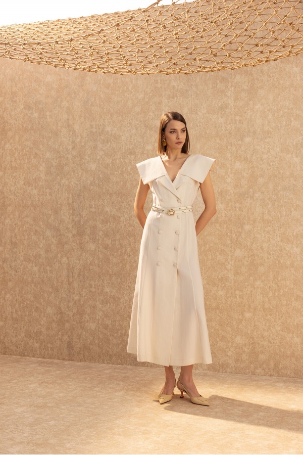 Geniş Yaka Kruvaze Elbise Ekru