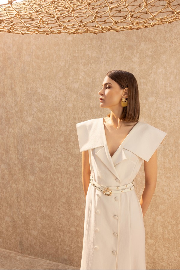 Geniş Yaka Kruvaze Elbise Ekru