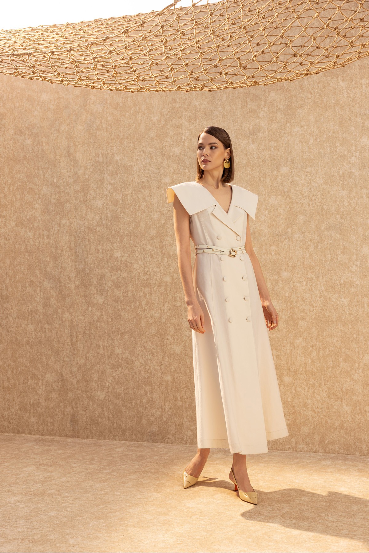 Geniş Yaka Kruvaze Elbise Ekru