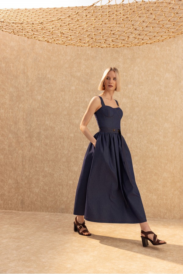 Korseli Midi Elbise Deni̇m