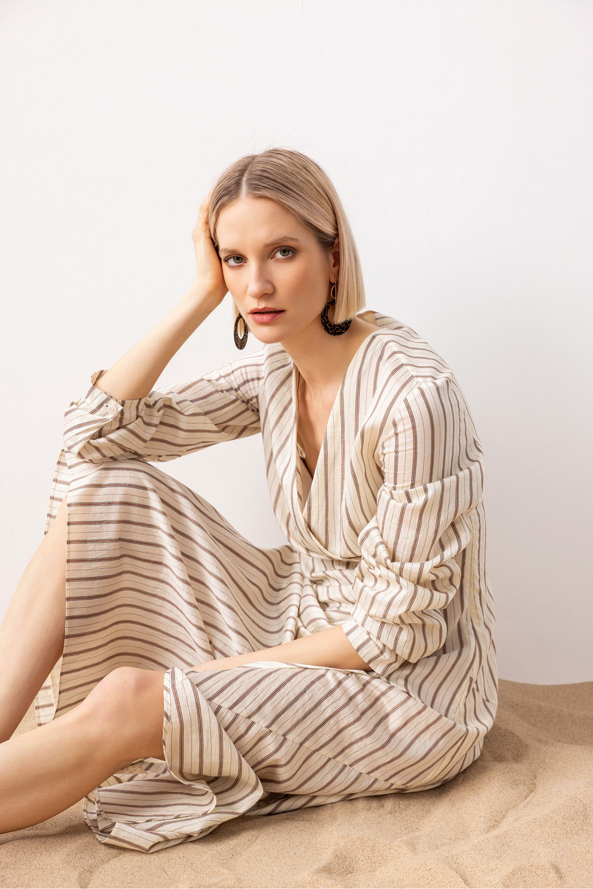 Çizgili Midi Elbise Ki̇remi̇t