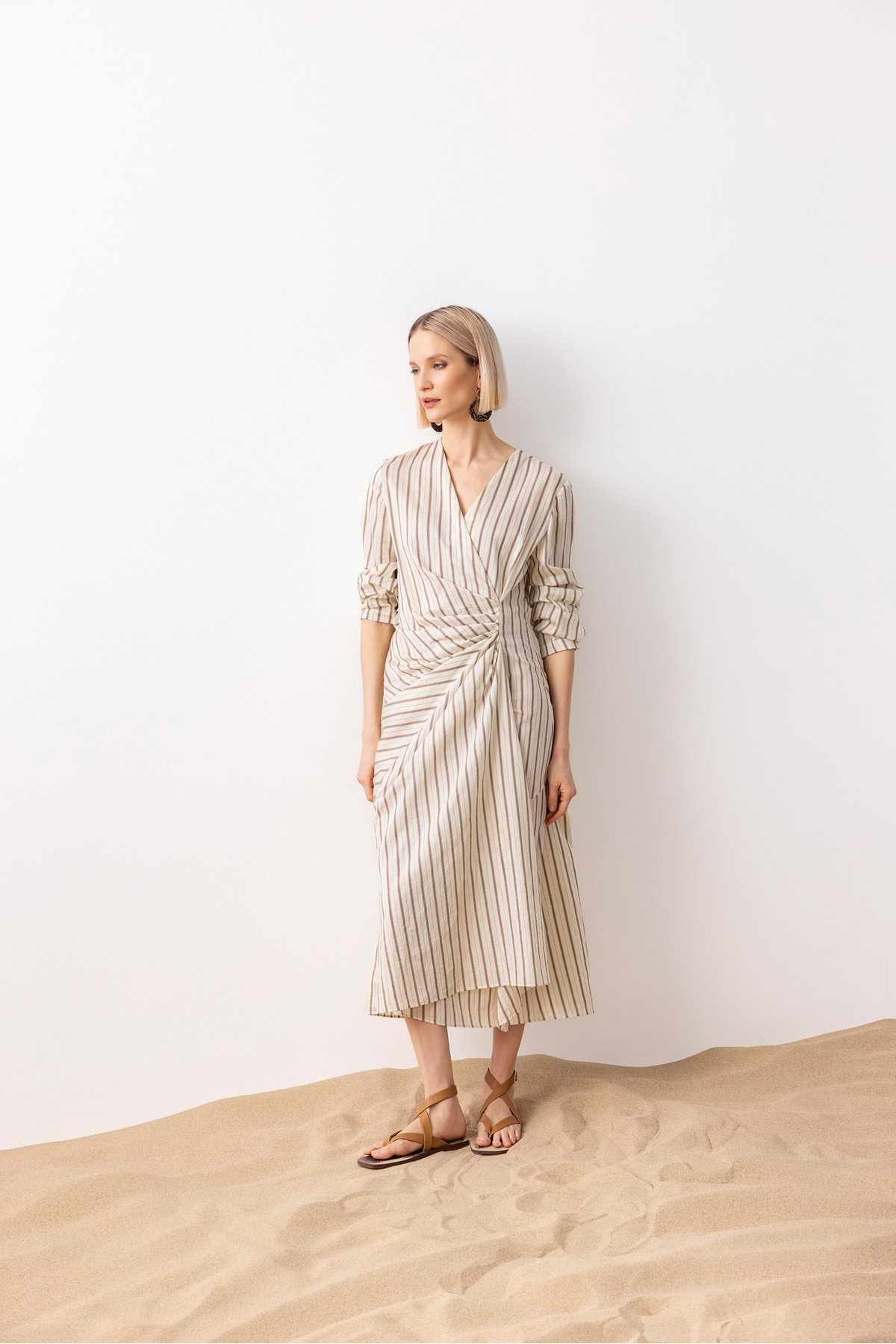 Çizgili Midi Elbise Ki̇remi̇t