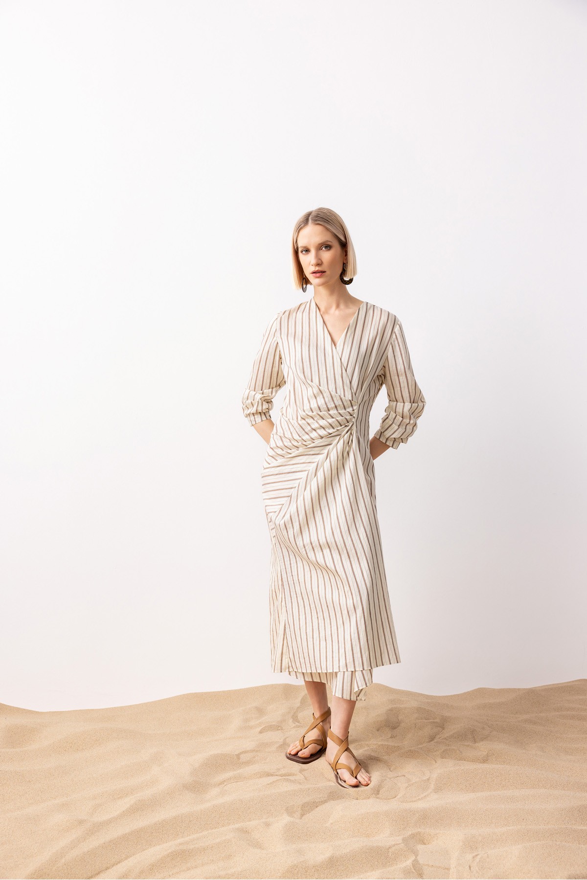 Çizgili Midi Elbise Ki̇remi̇t