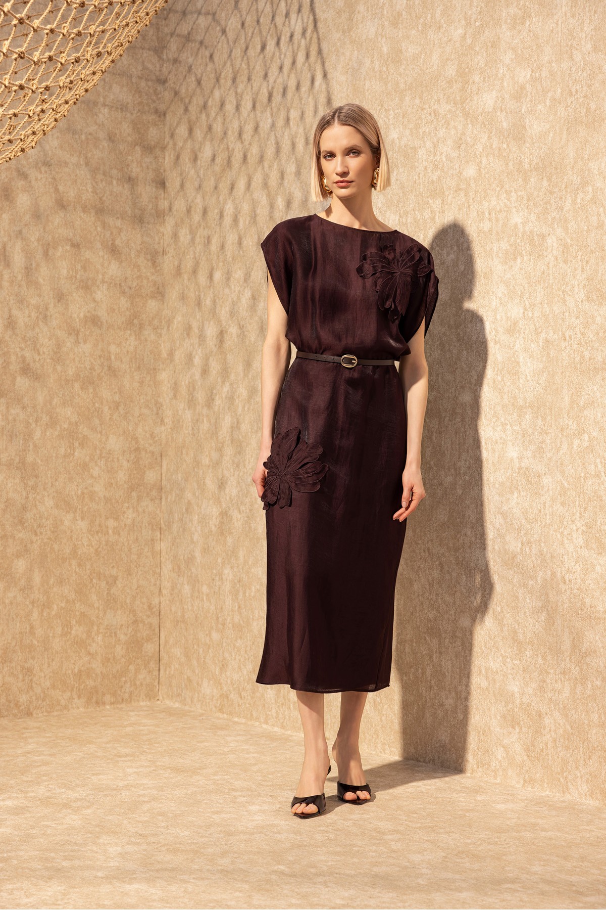 İşlemeli Linen Elbise Bordo