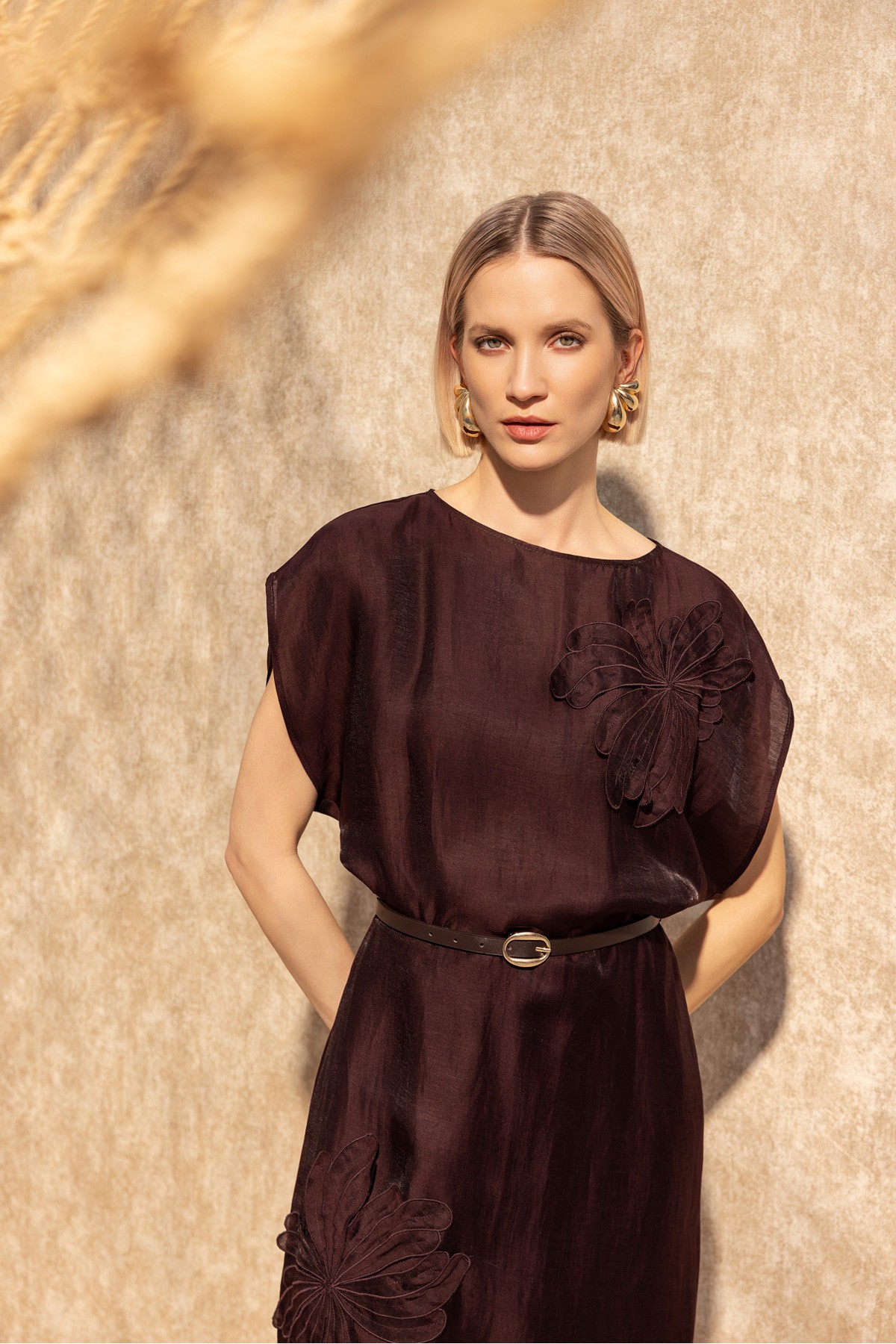 İşlemeli Linen Elbise Bordo