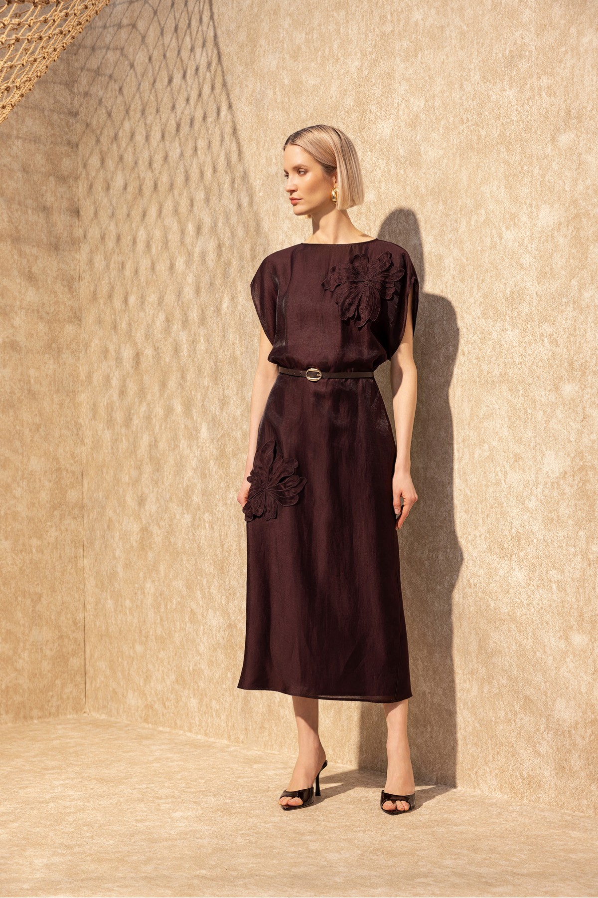 İşlemeli Linen Elbise Bordo