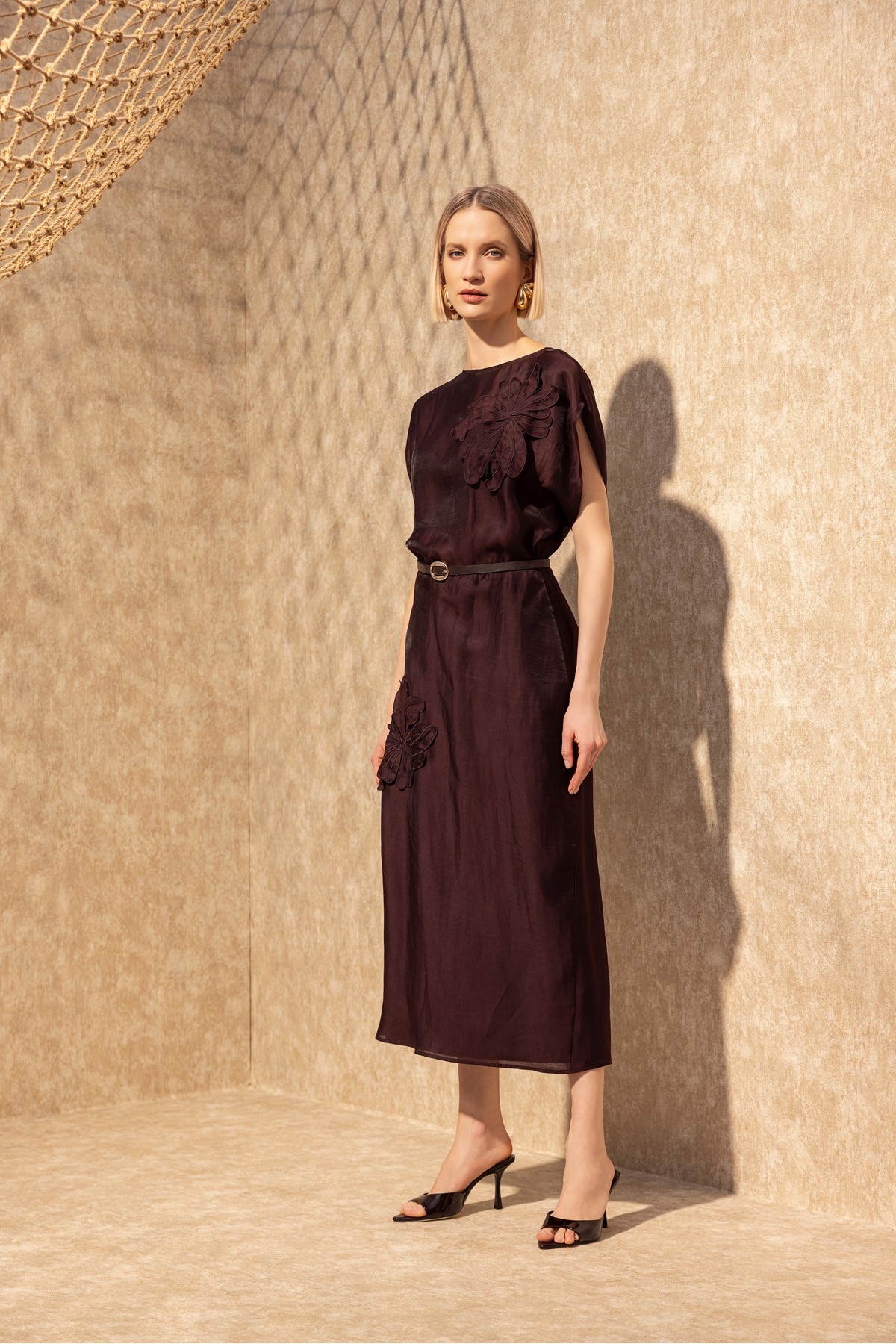 İşlemeli Linen Elbise Bordo