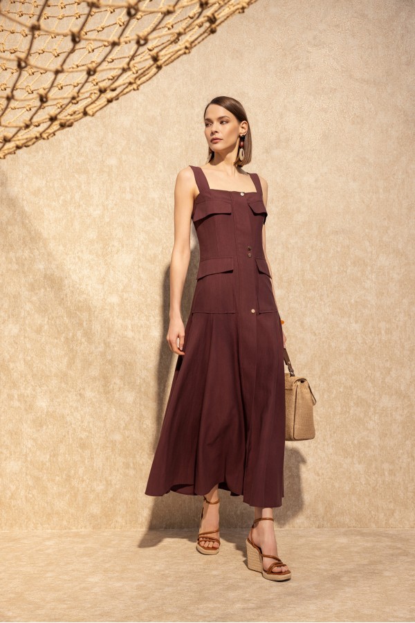 Askılı Uzun Elbise Bordo