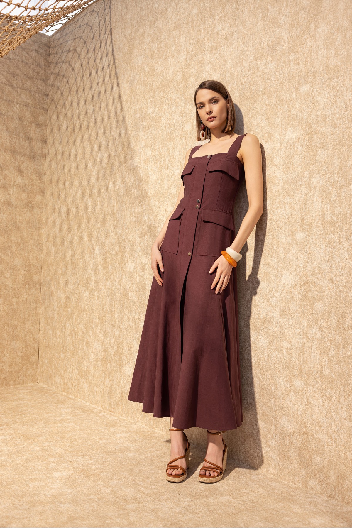 Askılı Uzun Elbise Bordo