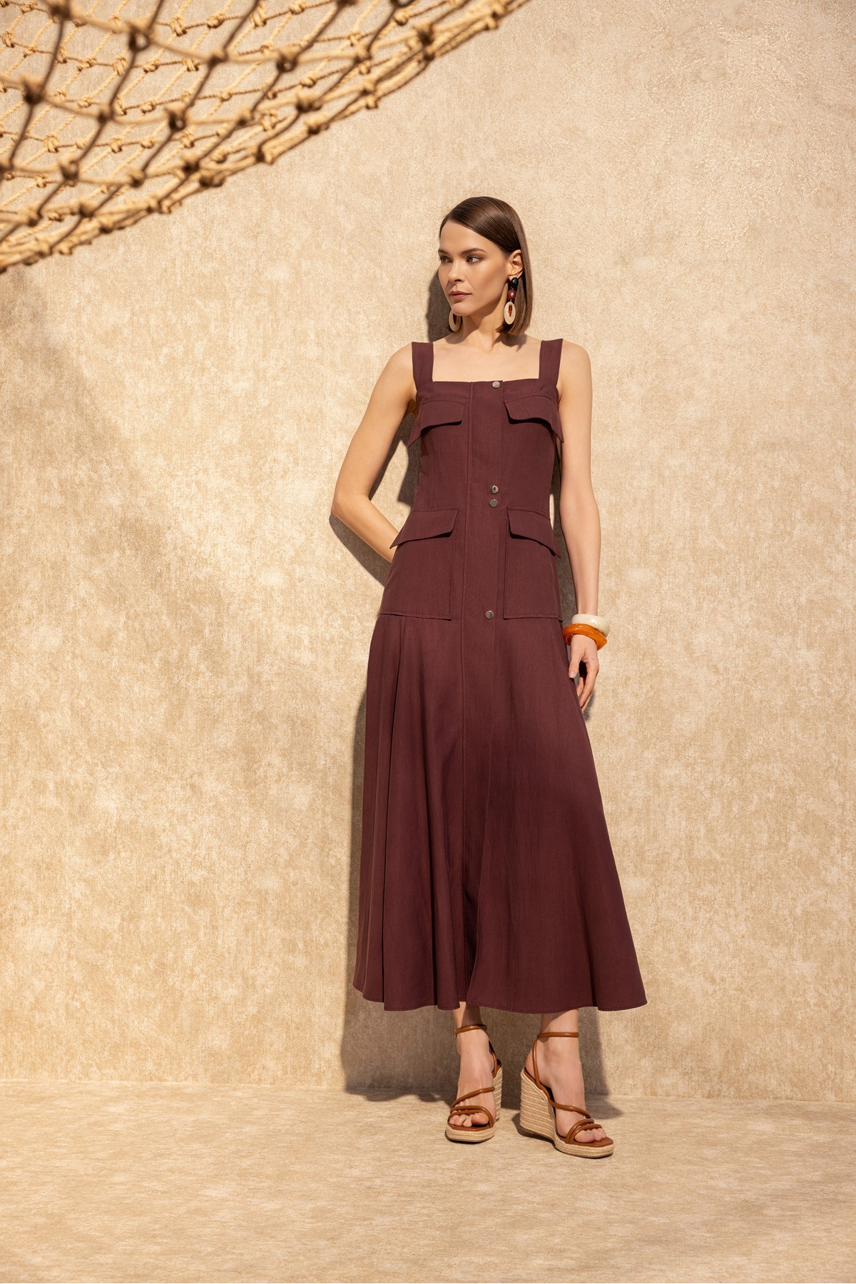 Askılı Uzun Elbise Bordo