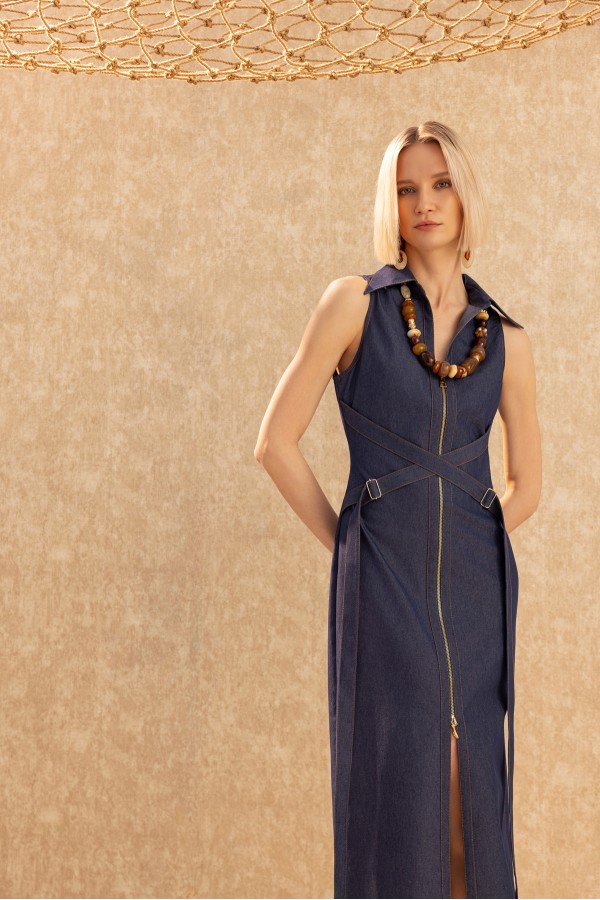 Bağlamalı Halter Yaka Elbise Deni̇m