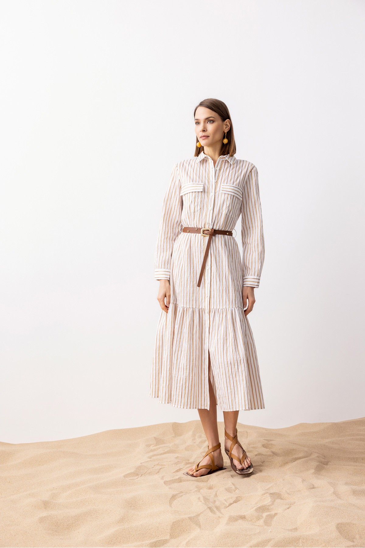 Çizgili Gömlek Elbise Ekru