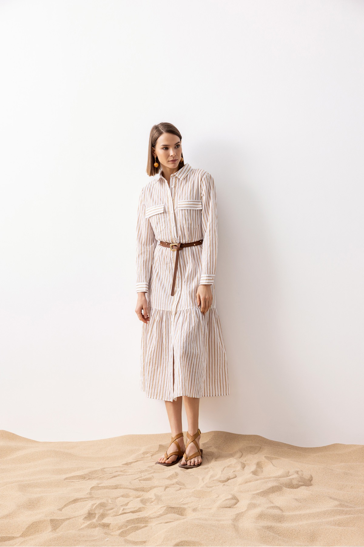 Çizgili Gömlek Elbise Ekru