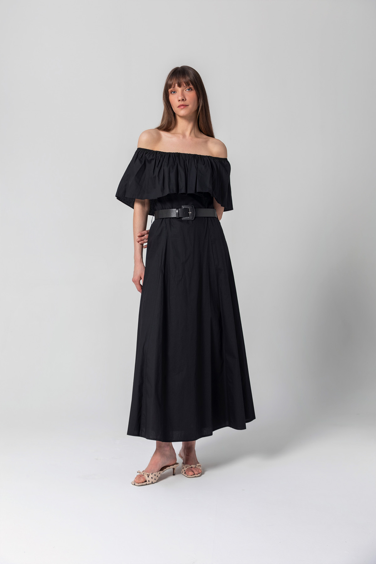 Farbalalı Straplez Poplin Elbise Siyah