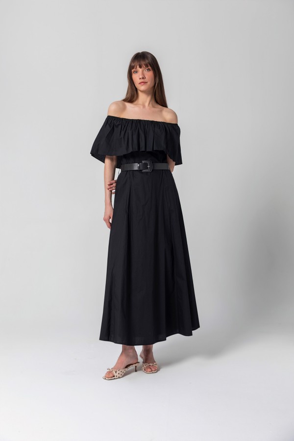 Farbalalı Straplez Poplin Elbise Siyah