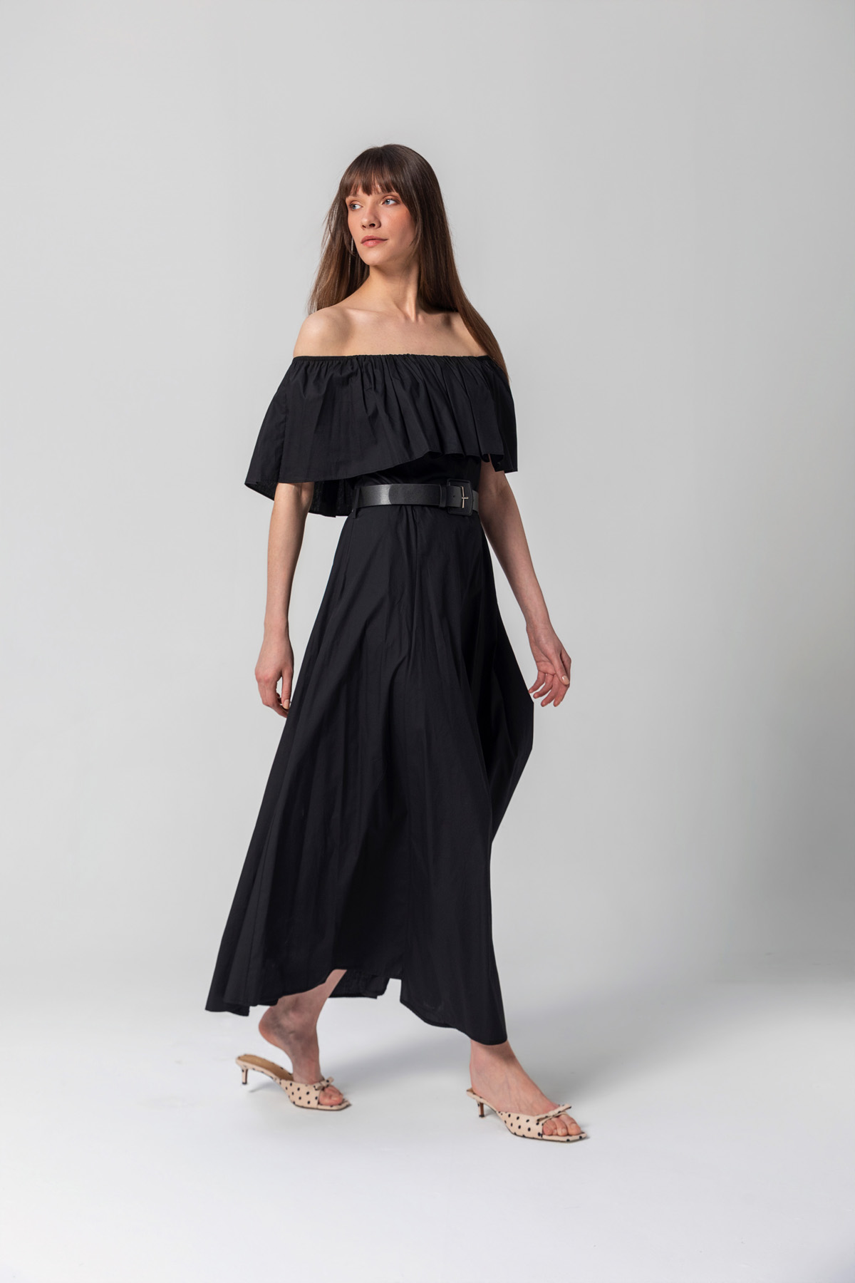 Farbalalı Straplez Poplin Elbise Siyah