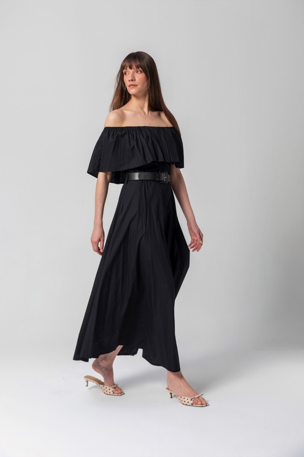 Farbalalı Straplez Poplin Elbise Siyah Farbalalı Straplez Poplin Elbise Siyah