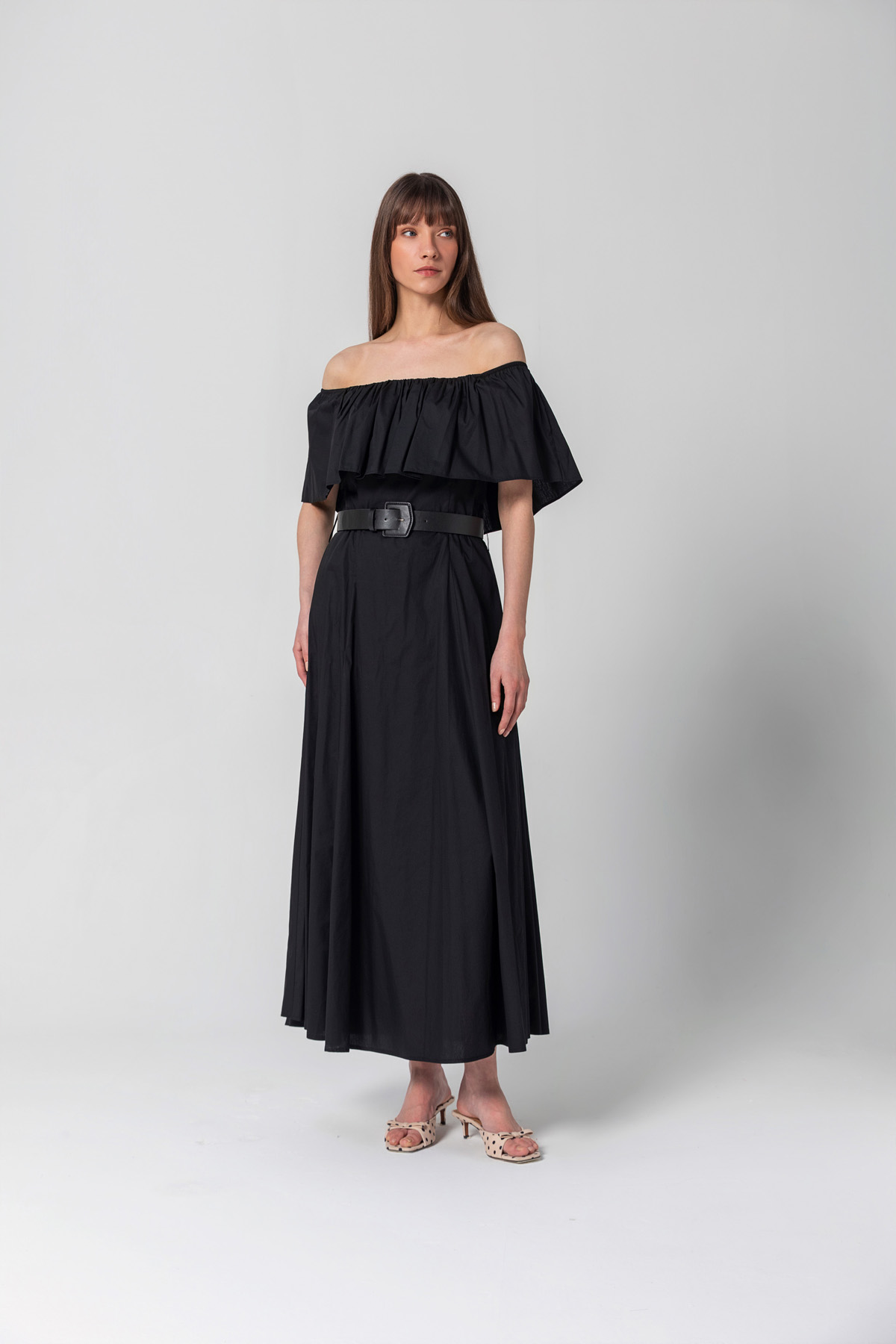 Farbalalı Straplez Poplin Elbise Siyah