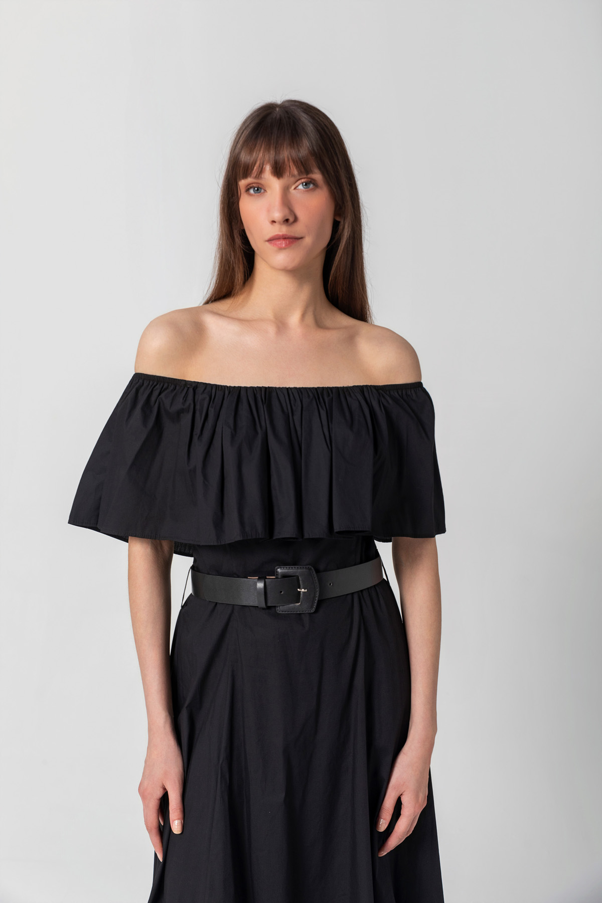 Farbalalı Straplez Poplin Elbise Siyah