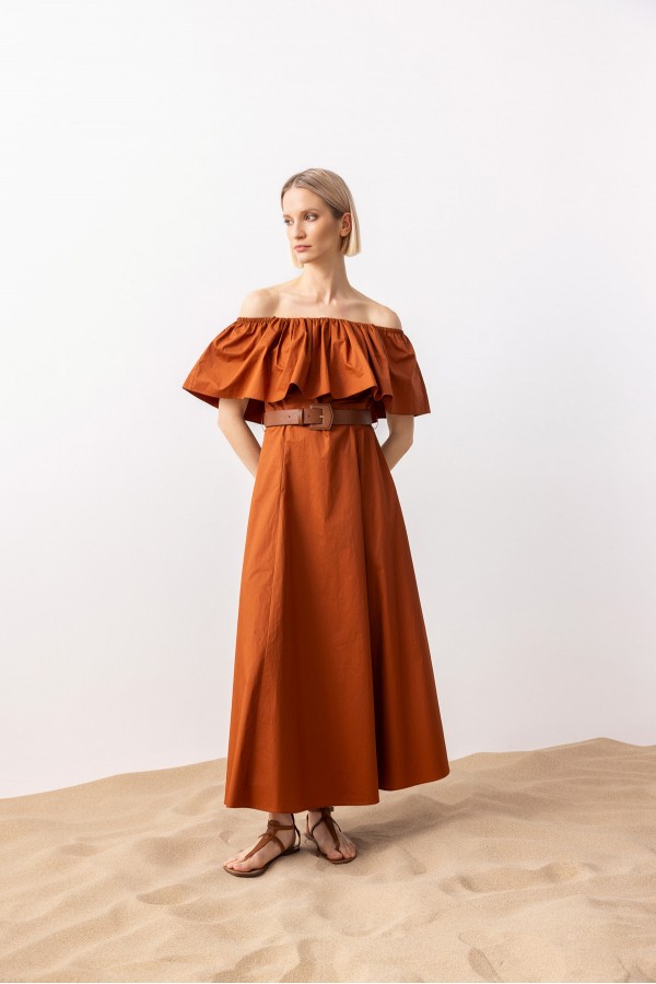 Farbalalı Straplez Poplin Elbise Ki̇remi̇t