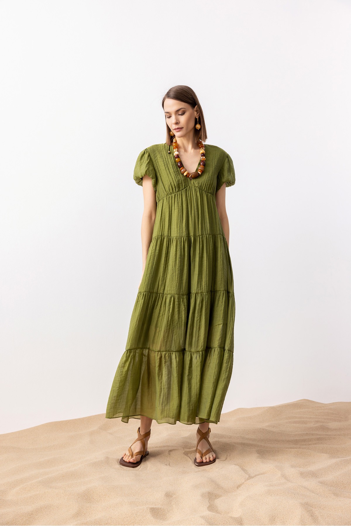 V Yaka Balon Kol Elbise Haki̇