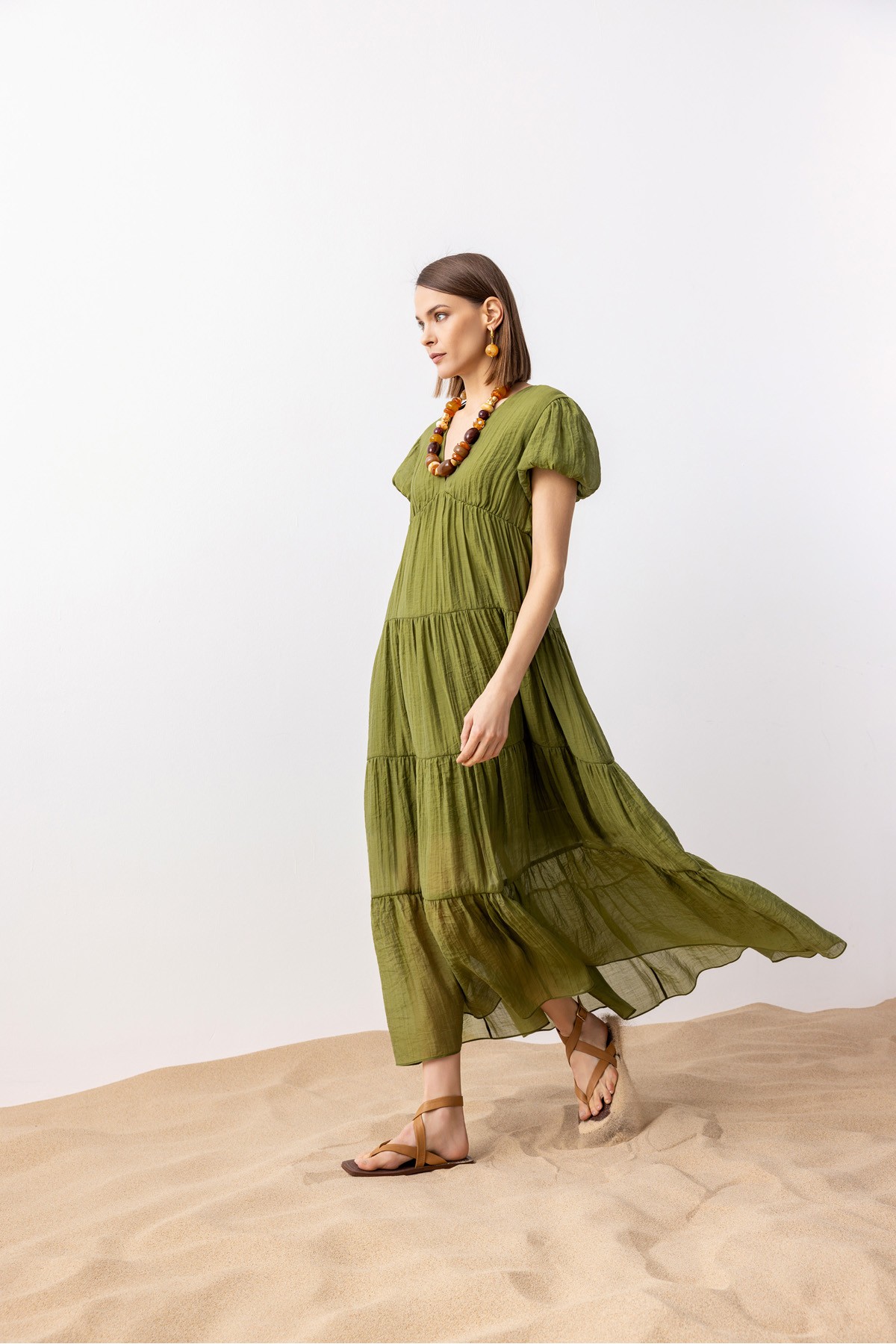 V Yaka Balon Kol Elbise Haki̇