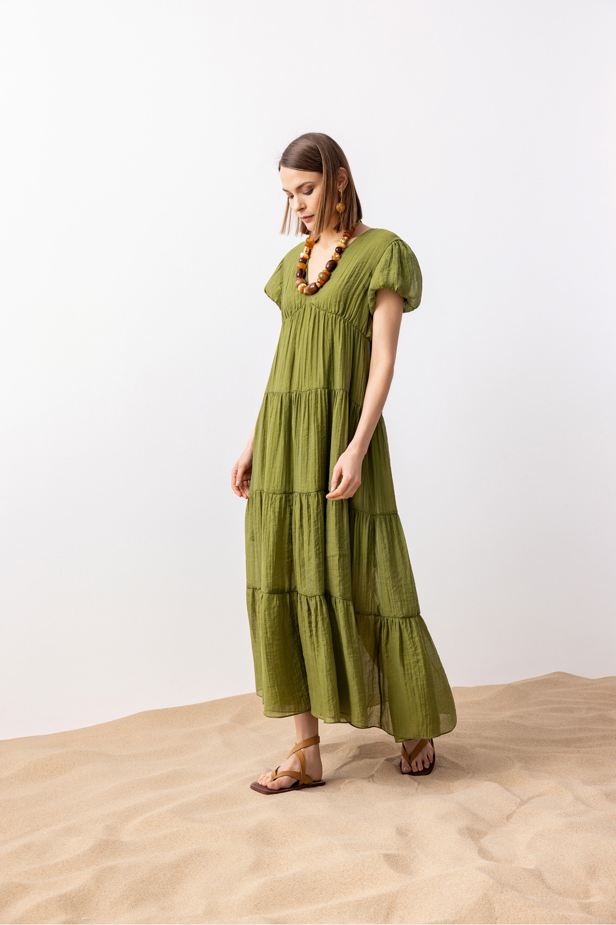 V Yaka Balon Kol Elbise Haki̇