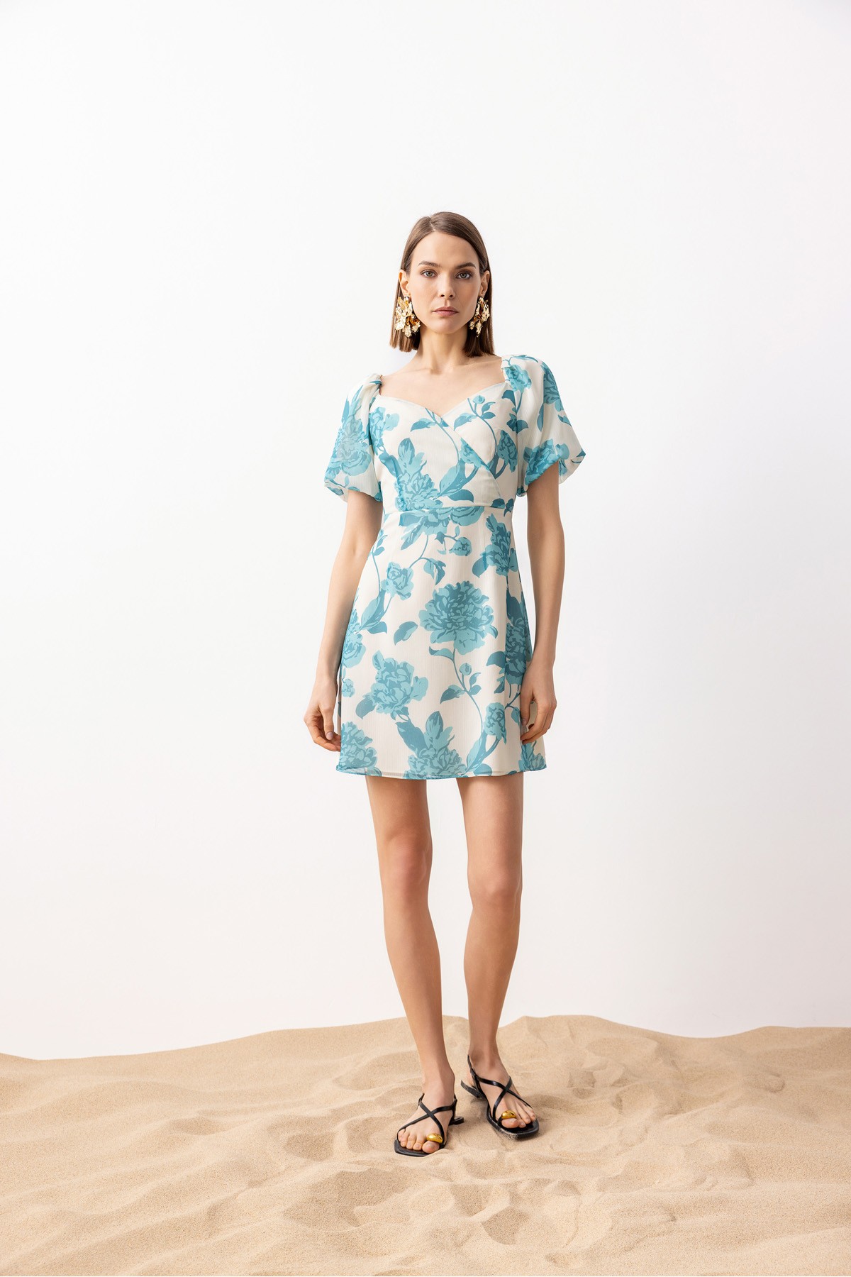 Desenli Balon Kol Elbise Turkuaz