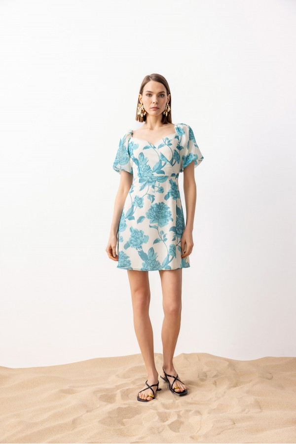 Desenli Balon Kol Elbise Turkuaz