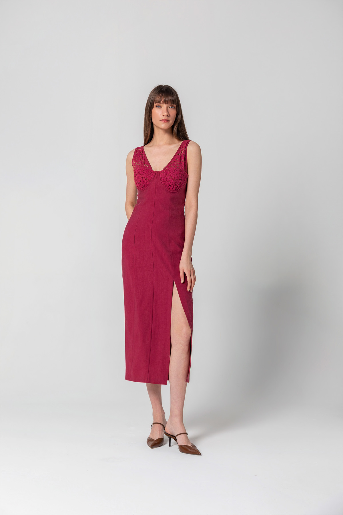 Dantelli Midi Elbise Bordo