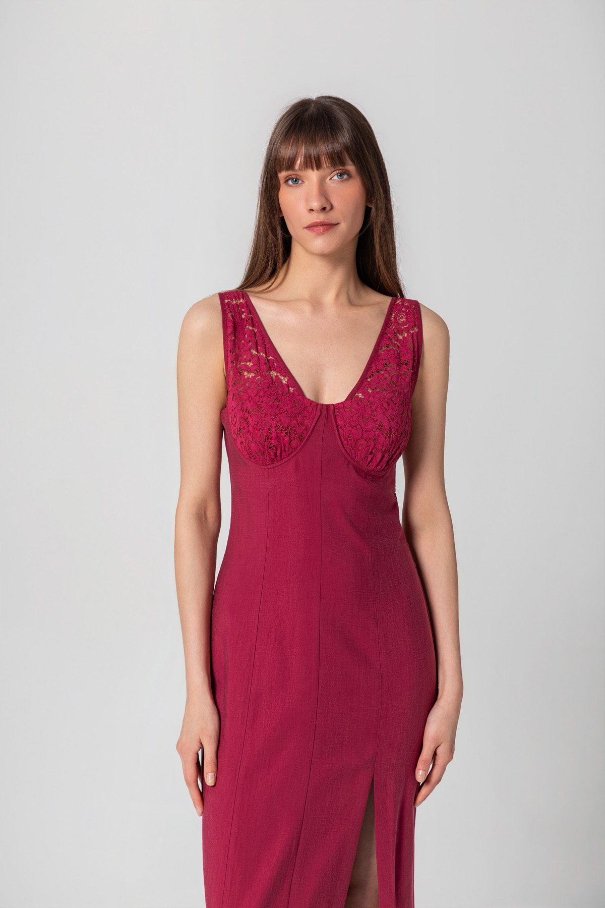 Dantelli Midi Elbise Bordo