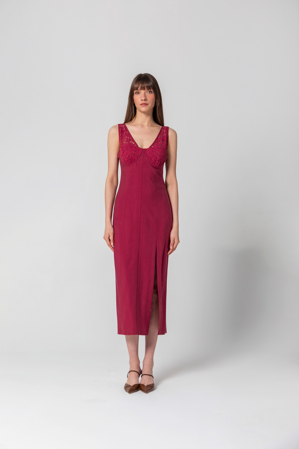 Dantelli Midi Elbise Bordo