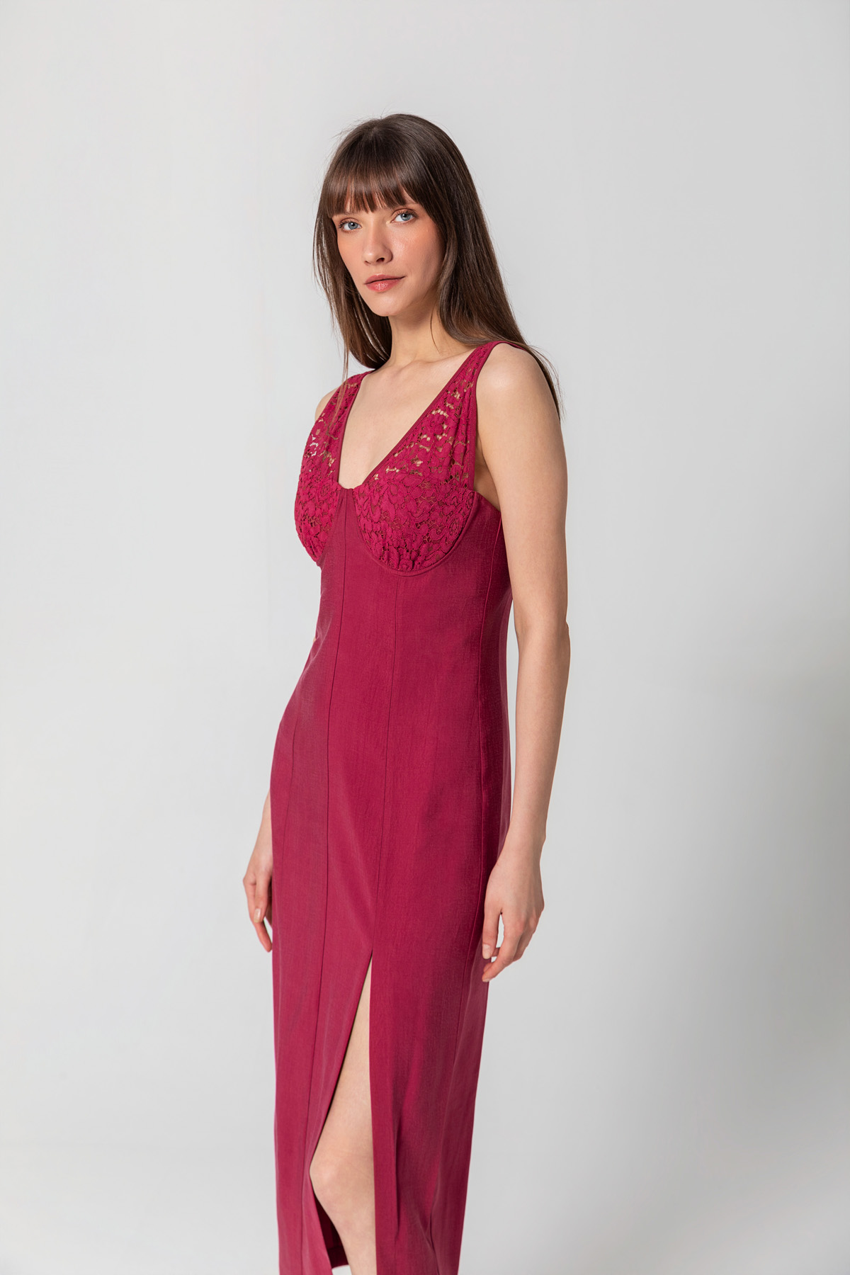 Dantelli Midi Elbise Bordo