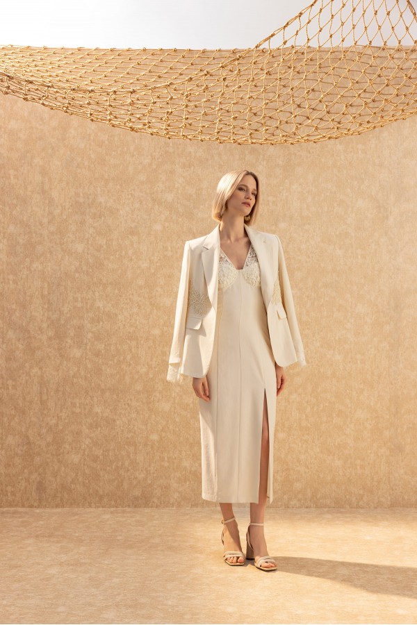 Dantelli Midi Elbise Ekru