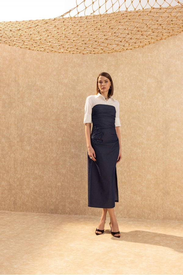 İşlemeli Straplez Elbise Deni̇m