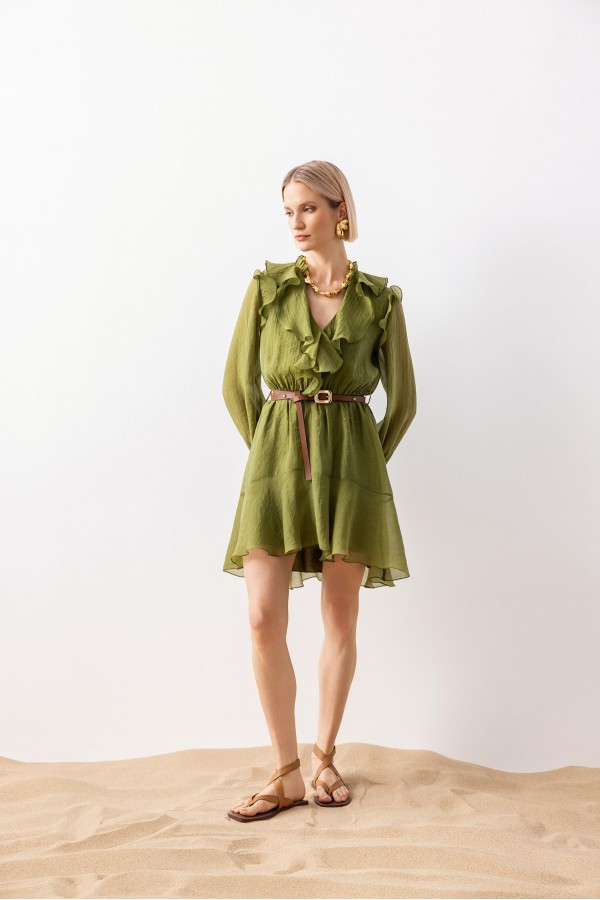 V Yaka Poplin Elbise Haki̇