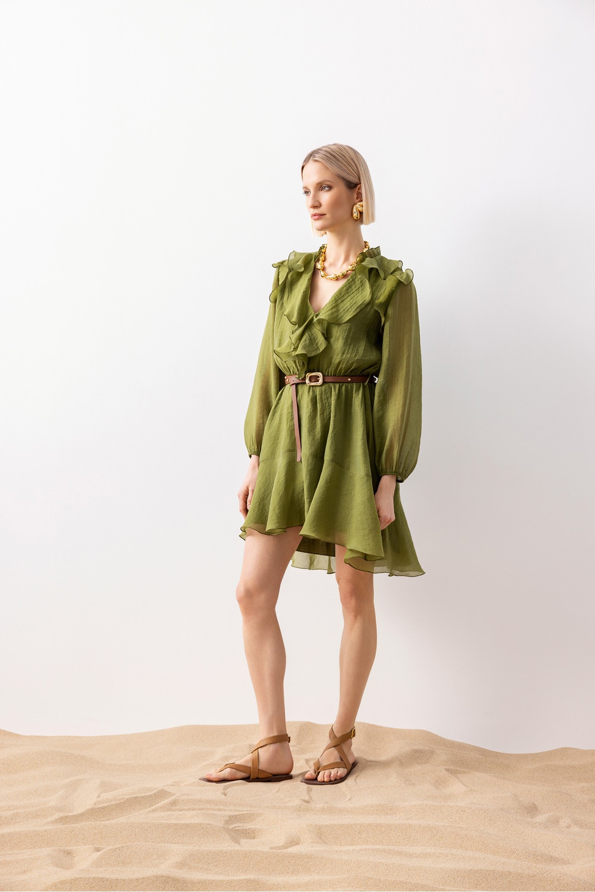 Fırfırlı Mini Elbise Haki