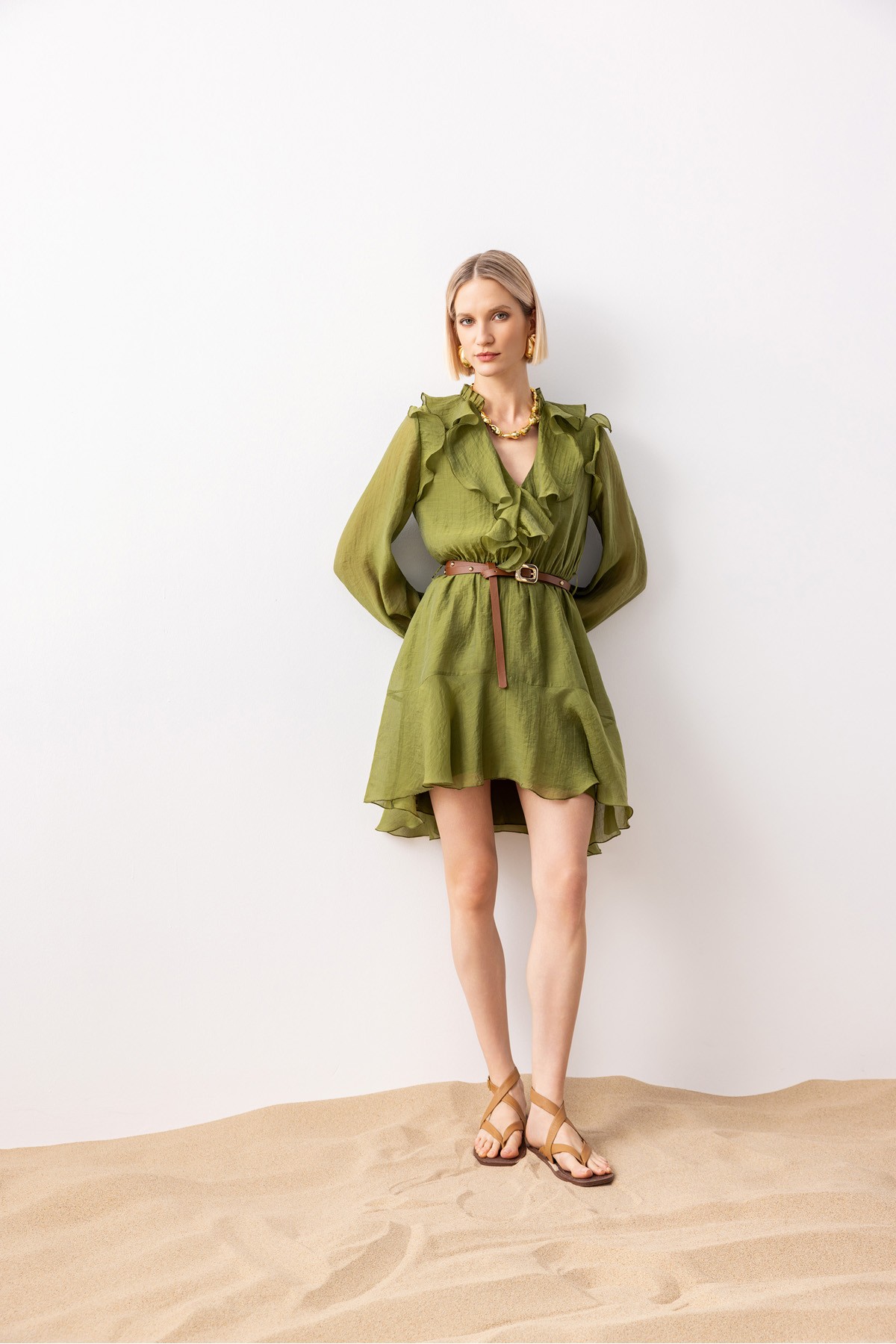 Fırfırlı Mini Elbise Haki