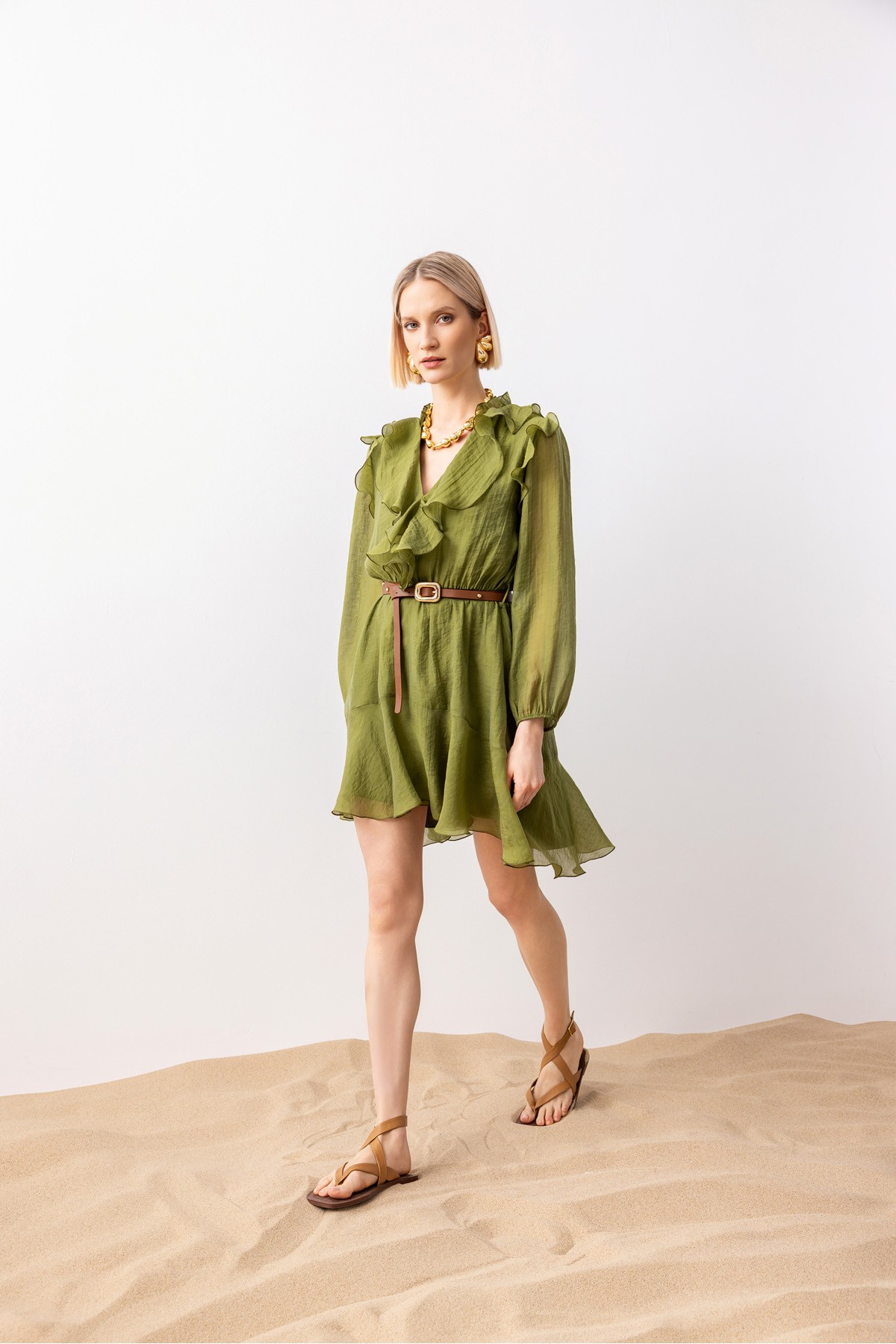 Fırfırlı Mini Elbise Haki