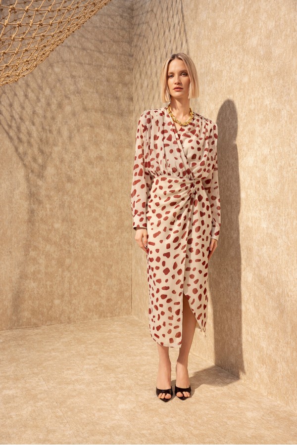 Desenli Takası Bağlamalı Elbise Bordo